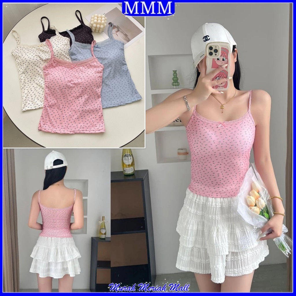MMM Tanktop Wanita Singlet Motif Bunga Renda Pita Lucu 7084 Bra Busa Tali Floral Lace Atasan Knit Co