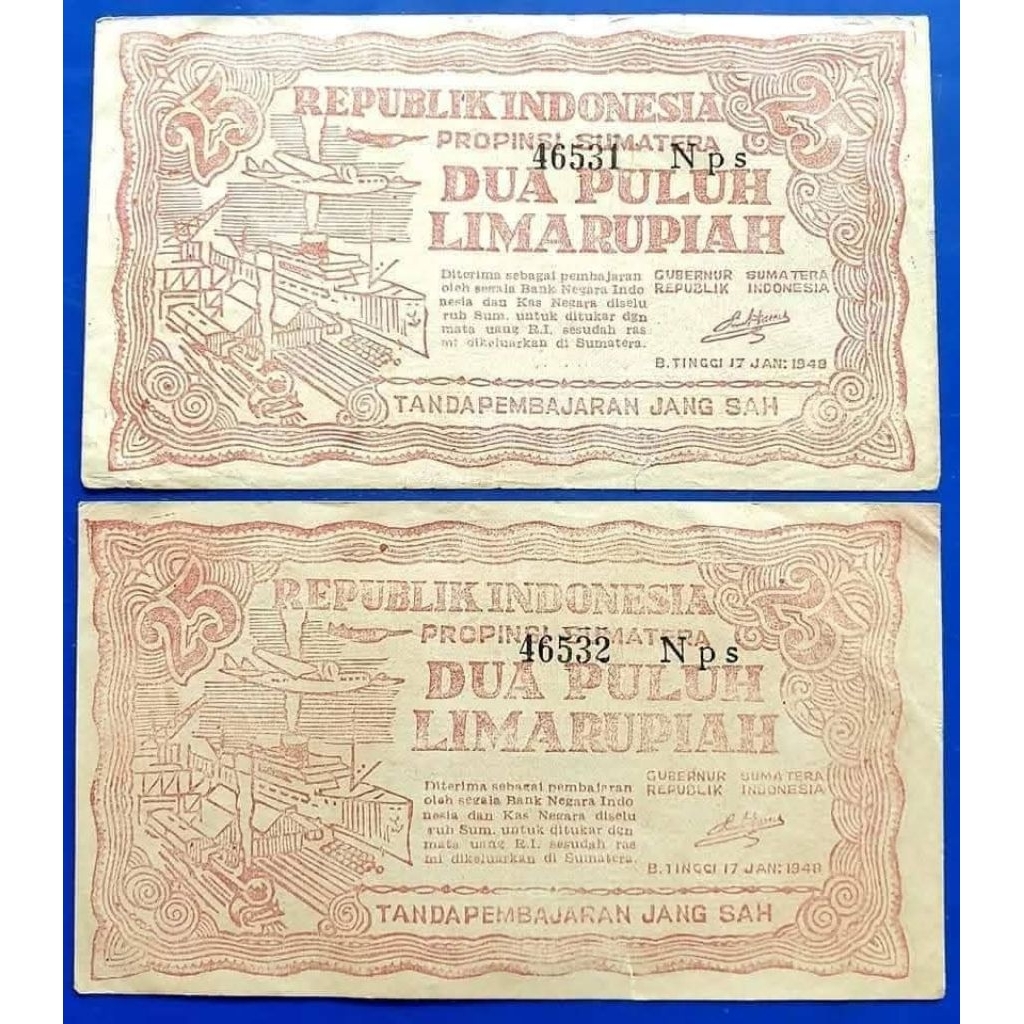 2 Lembar urut orida uang daerah 25 rupiah bukit tinggi 1948