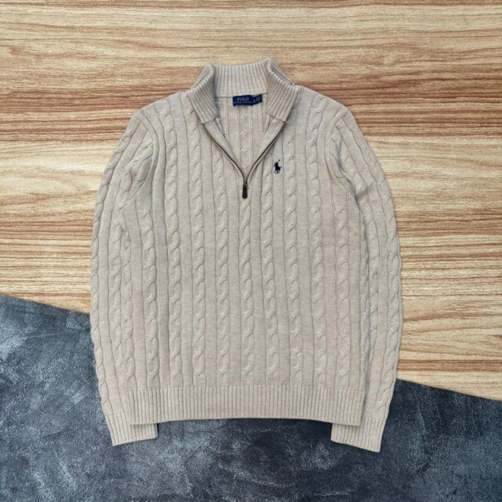 New Cable Knit Quarter Zip Sweater Nude Brown Polo Ralph Lauren Pria Wanita Cotton Original