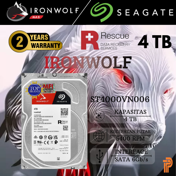 Seagate IronWolf 4TB ST4000VN006 3.5" NAS 5400RPM SATA Garansi 3 Tahun MFI Indonesia