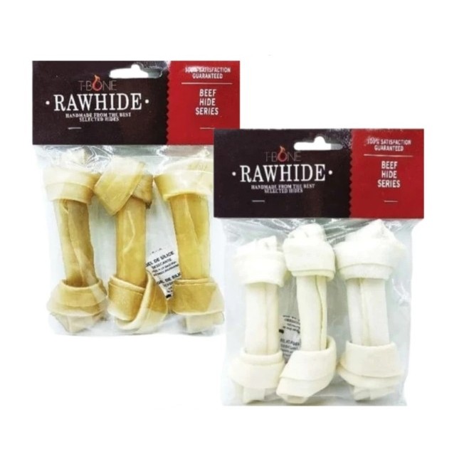 Knotted Bone Natural / Milk 4.5" isi 3 pc - T-Bone Rawhide Tulang Ikat Medium Coklat 3pc Beef / Rasa