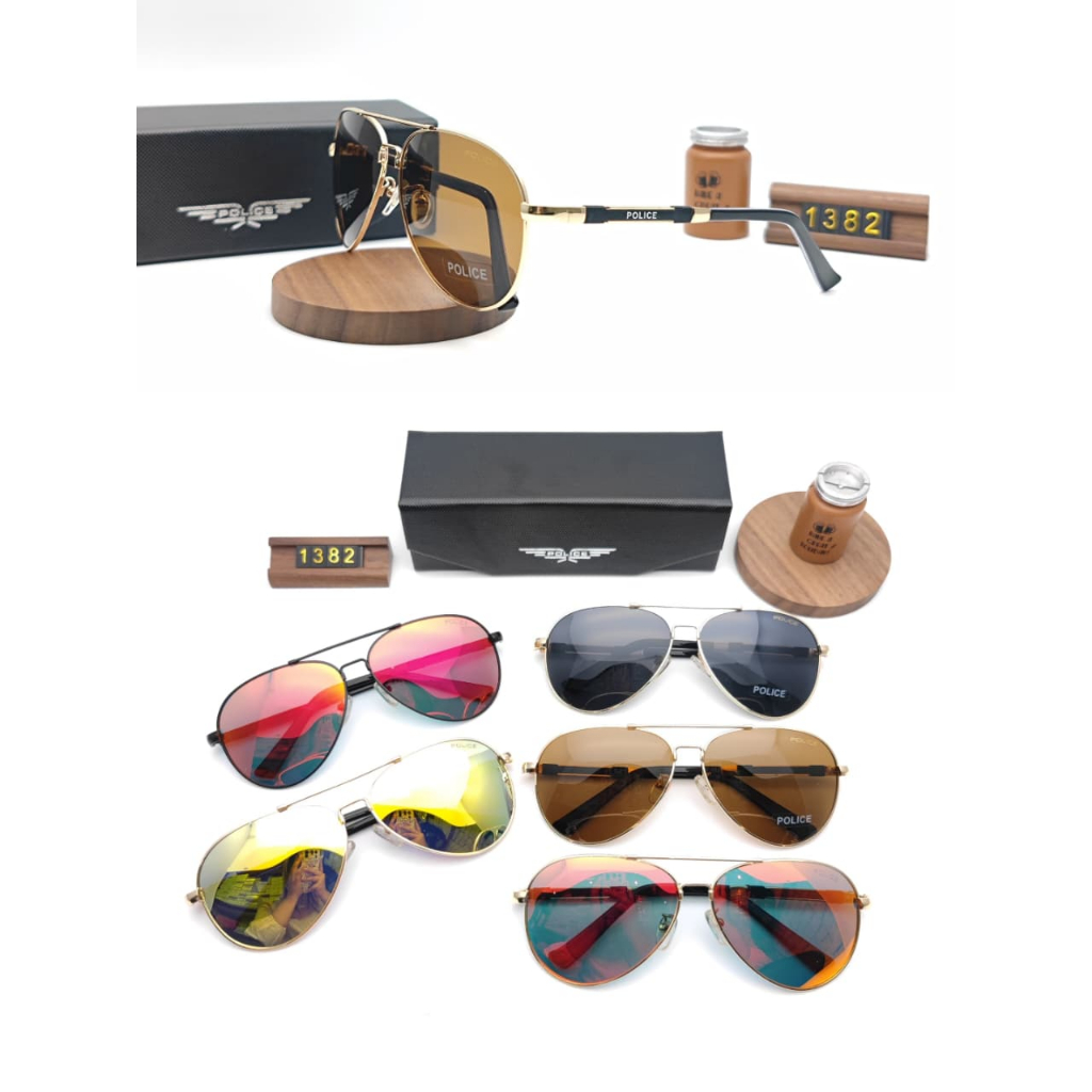 Kacamata Hitam Pria Police 1382 Aviator Classic Polarized Lensa Mirror Full Set