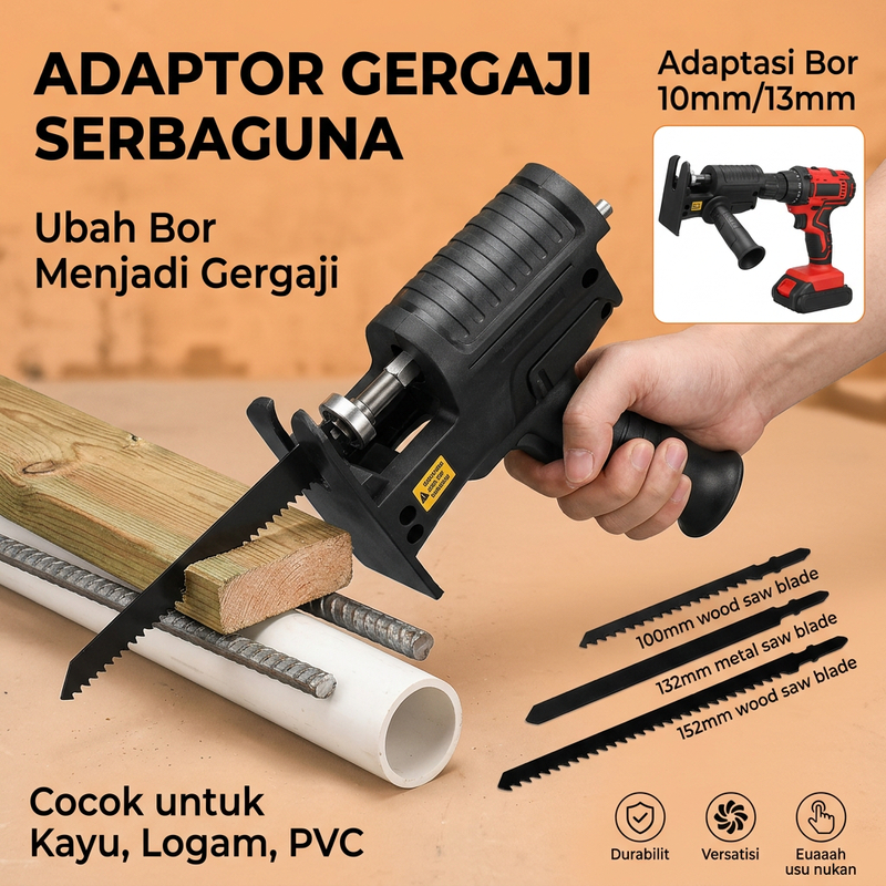 Adaptor Bor Jadi Gergaji Reciprocating dan Jigsaw Set 3 Mata Potong untuk Kayu Besi PVC Bor 10mm 13m