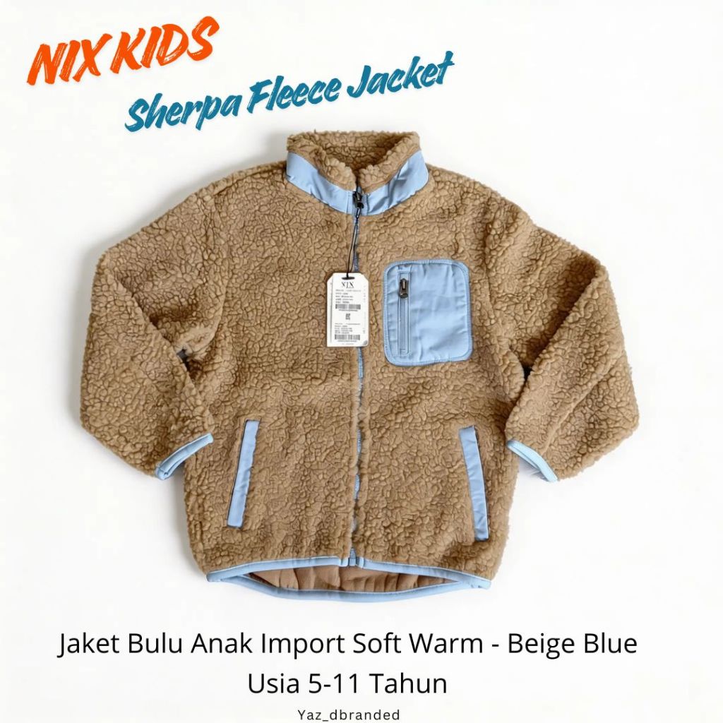[PREMIUM] NIX Kids Sherpa Fleece Jacket Jaket Bulu Anak Import Soft Warm - Beige Blue