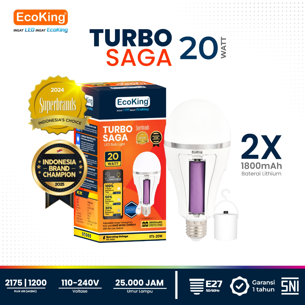 EcoKing Lampu Darurat Bohlam Rumah LED Turbo Saga EMERGENCY Tahan Lama 20W Cahaya Putih (DC 3 Level)