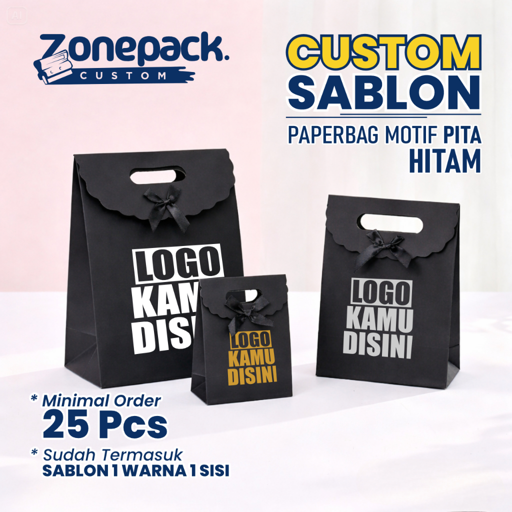 Sablon Paperbag Motif Pita Hitam | Paper Bag Non Windows Kado Souvenir Goodiebag Ulang Tahun | Paper