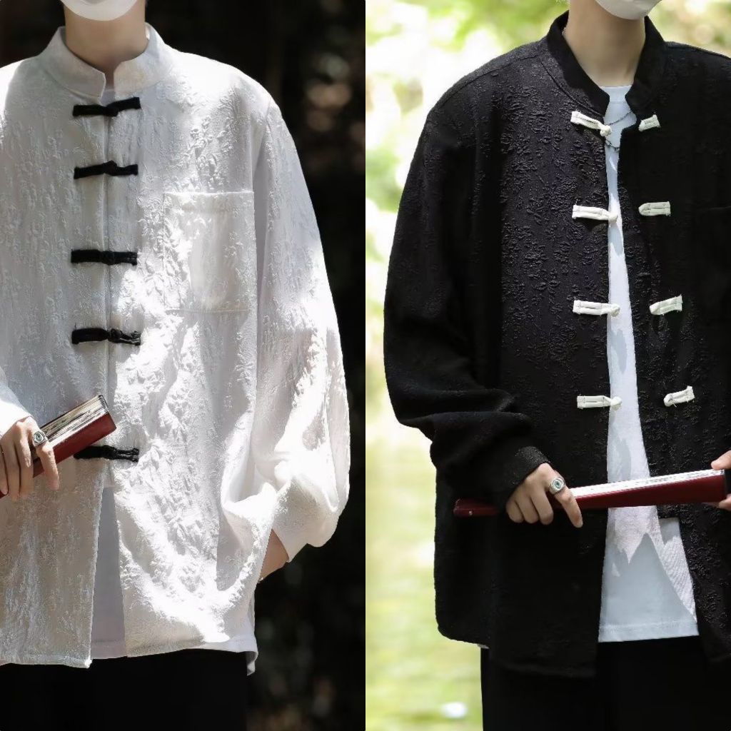 TC-87 S-8XL (s.d. LD baju 154cm) Atasan pria impor cheongsam oversize pria changsan loose hitam puti