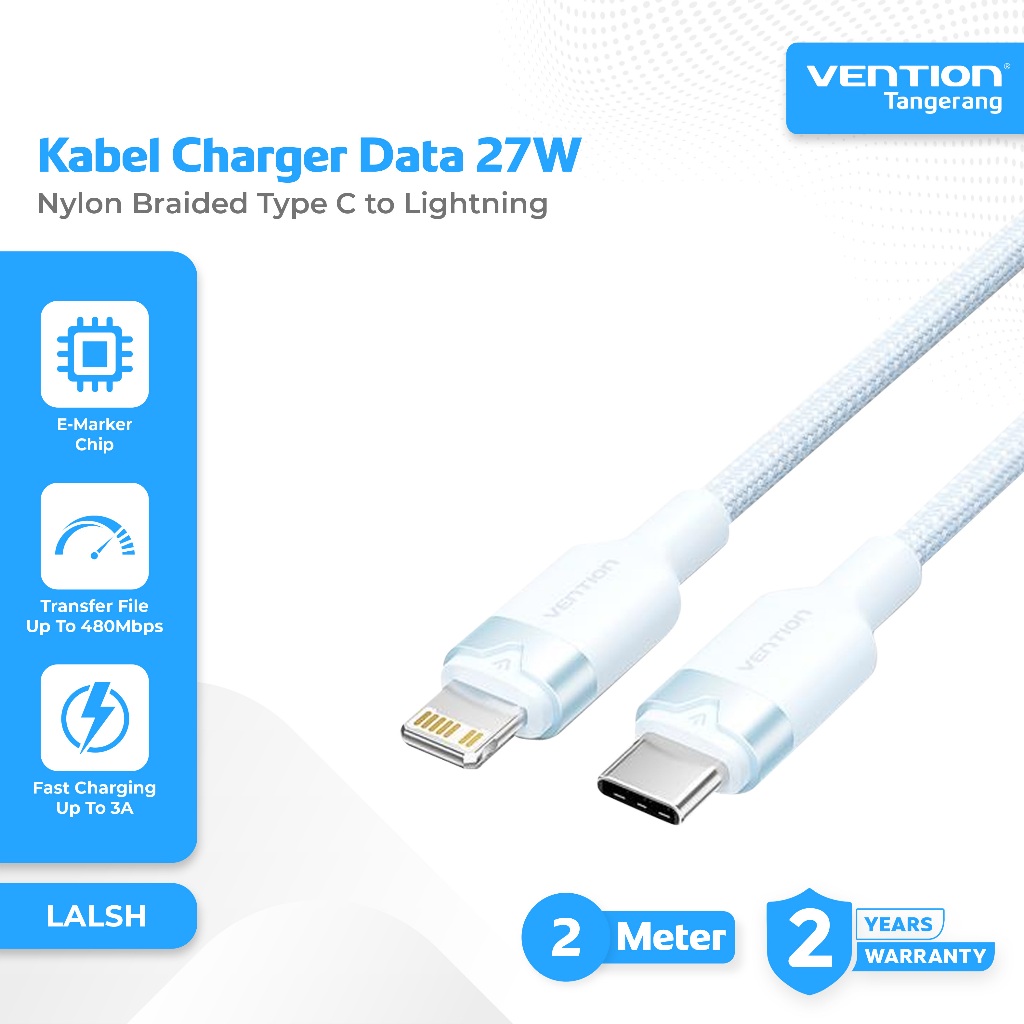 Vention Kabel Charger Data Type C to Lightning 3A Fast Charging 27W Charger Cable 2M 2 Meter Nylon B