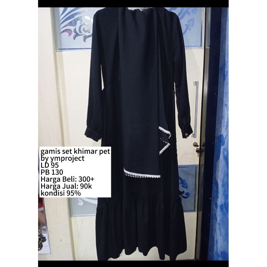 preloved gamis hitam set khimar pet by ym.project