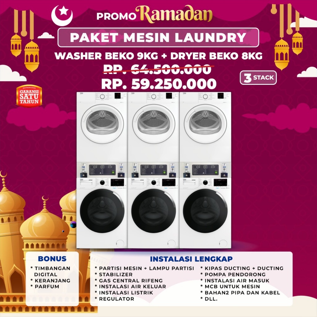 Beko Mesin Laundry Koin 3 Stack Free Instalasi Spesial Ramadhan