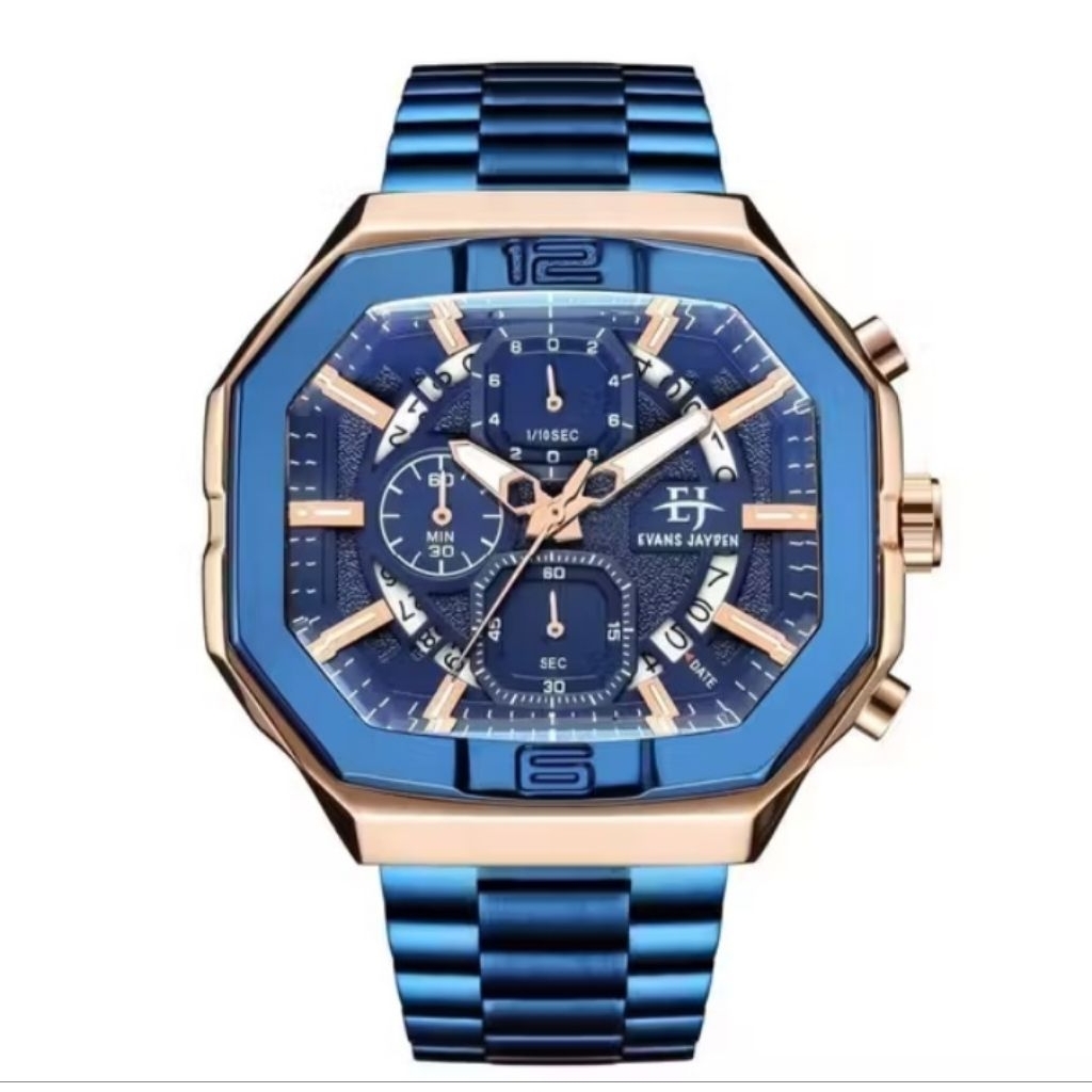 0Evans Jayden Jam Tangan Pria EJ 9464 Rantai Stainless Steel Chronograph Kaca Sapphire