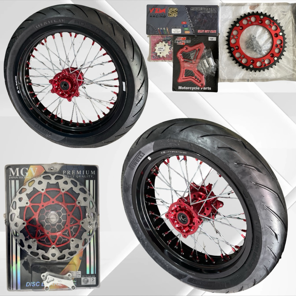 WHEELSET SUPERMOTO CRF PAKET GANTENG WHEELSET SUMO TK RACING TROMOL CNC VELG SUMO CRF CNC