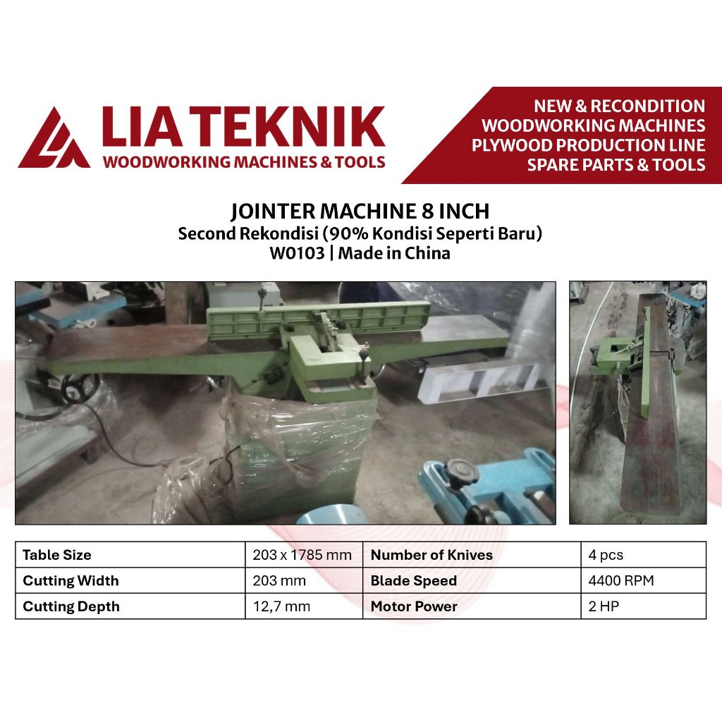 Mesin Jointer 8 Inch W0103 Mesin Ketam Pelurus 8 Inch Second Rekondisi 90% Kondisi Seperti Baru Made