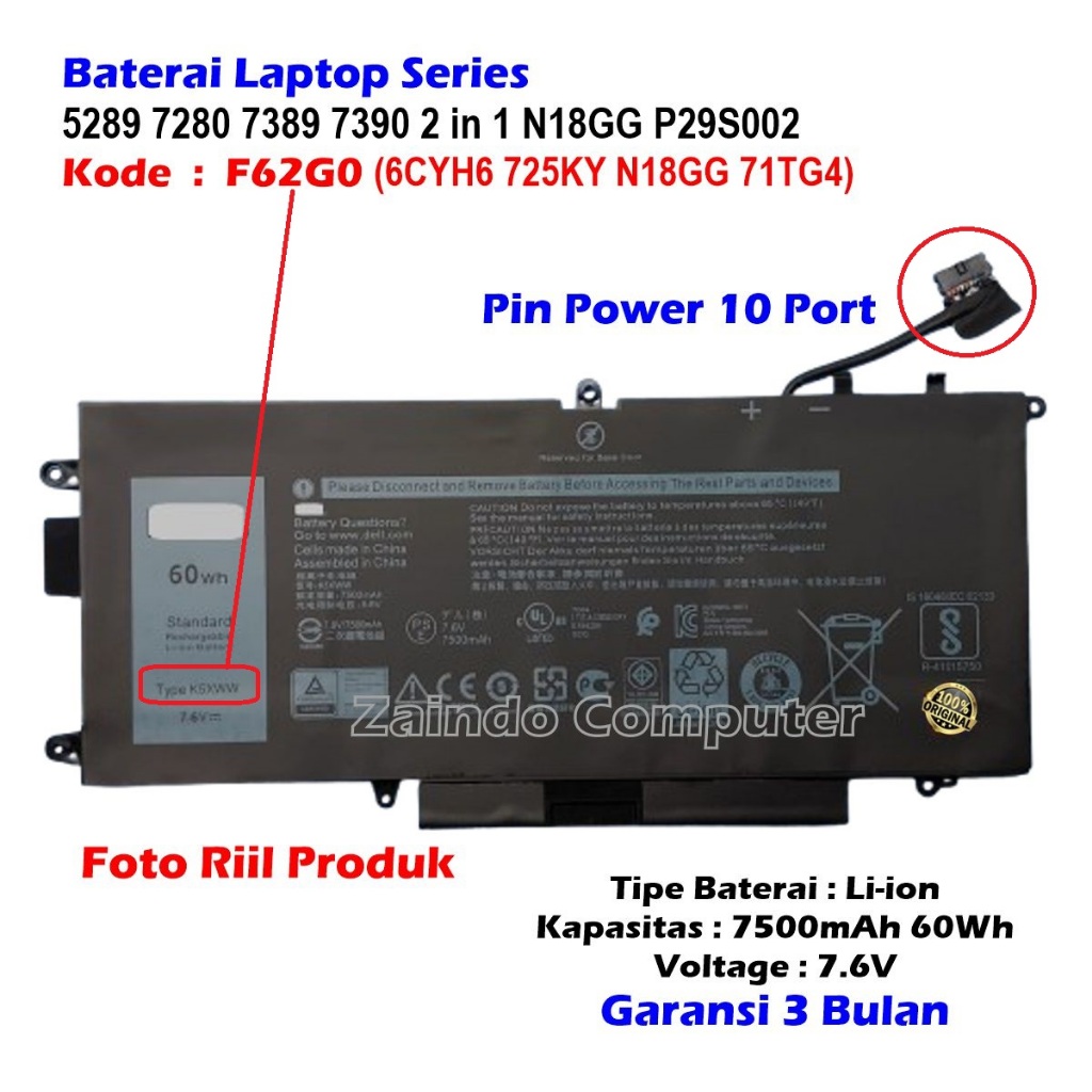 BATERAI LATITUDE K5XWW 5289 7280 7389 7390 2 IN 1 N18GG P29S002 K5XWW 6CYH6 725KY N18GG 71TG4 GARANS