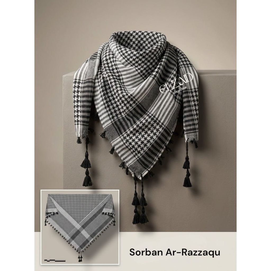 Sorban Ar-Razzaqu Hitam Putih Rumbai Kuncir Segi Empat Terbaru / Sorban Stayle Anak Muda