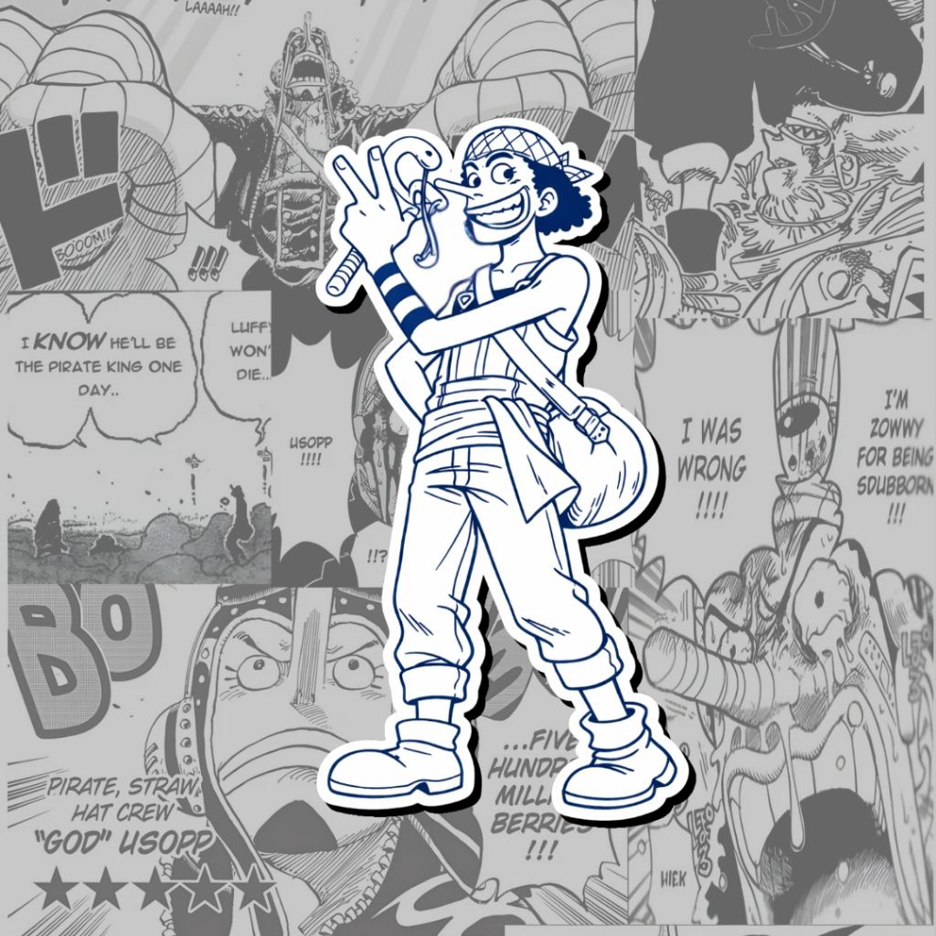 Stiker Usopp One Piece Lineart Biru Waterproof Vinyl Die Cut Aesthetic Anime