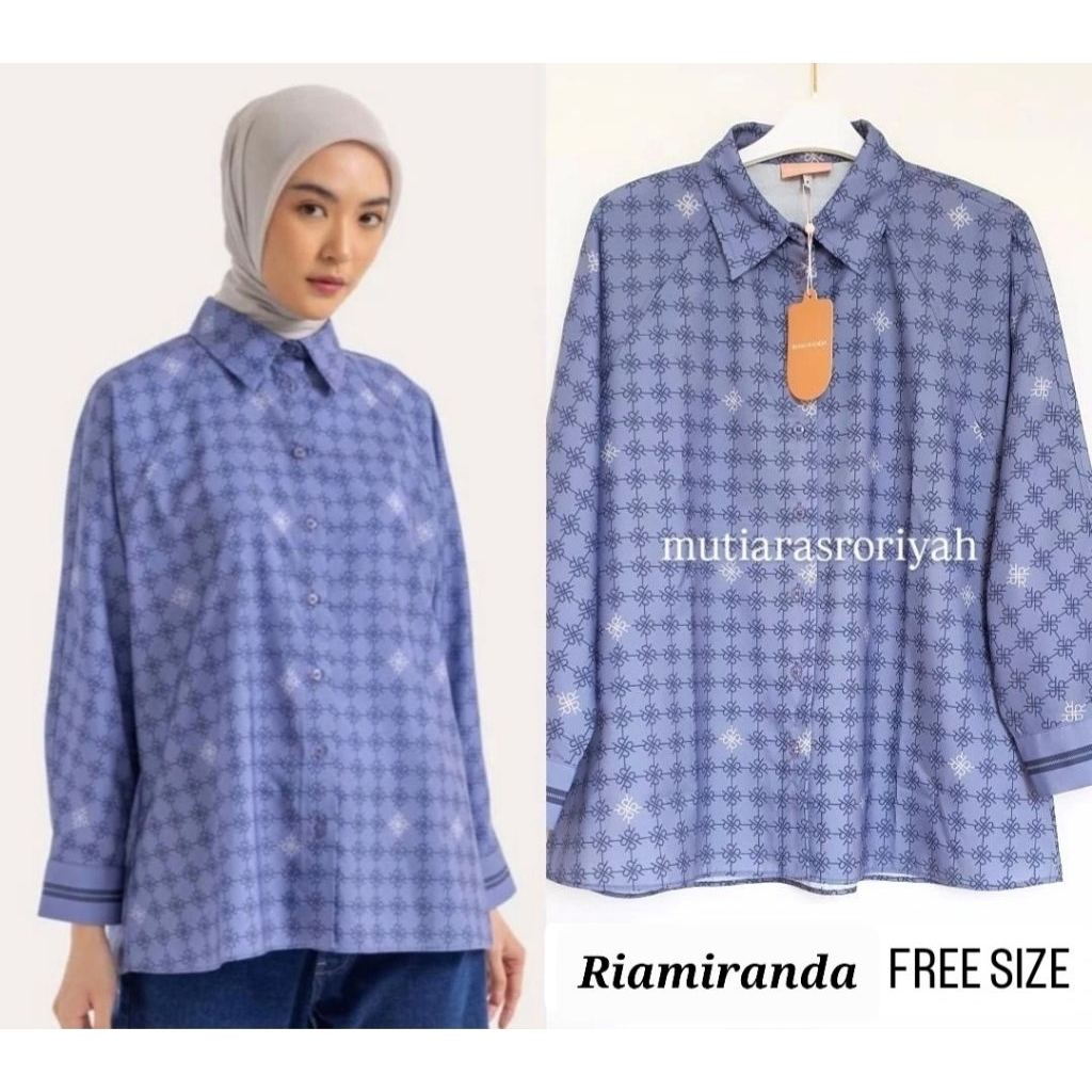 READY STOCK Ria Miranda Arsha Shirt Denim Navy Biru Dongker Monogram Blouse Kemeja New With Tag Riam