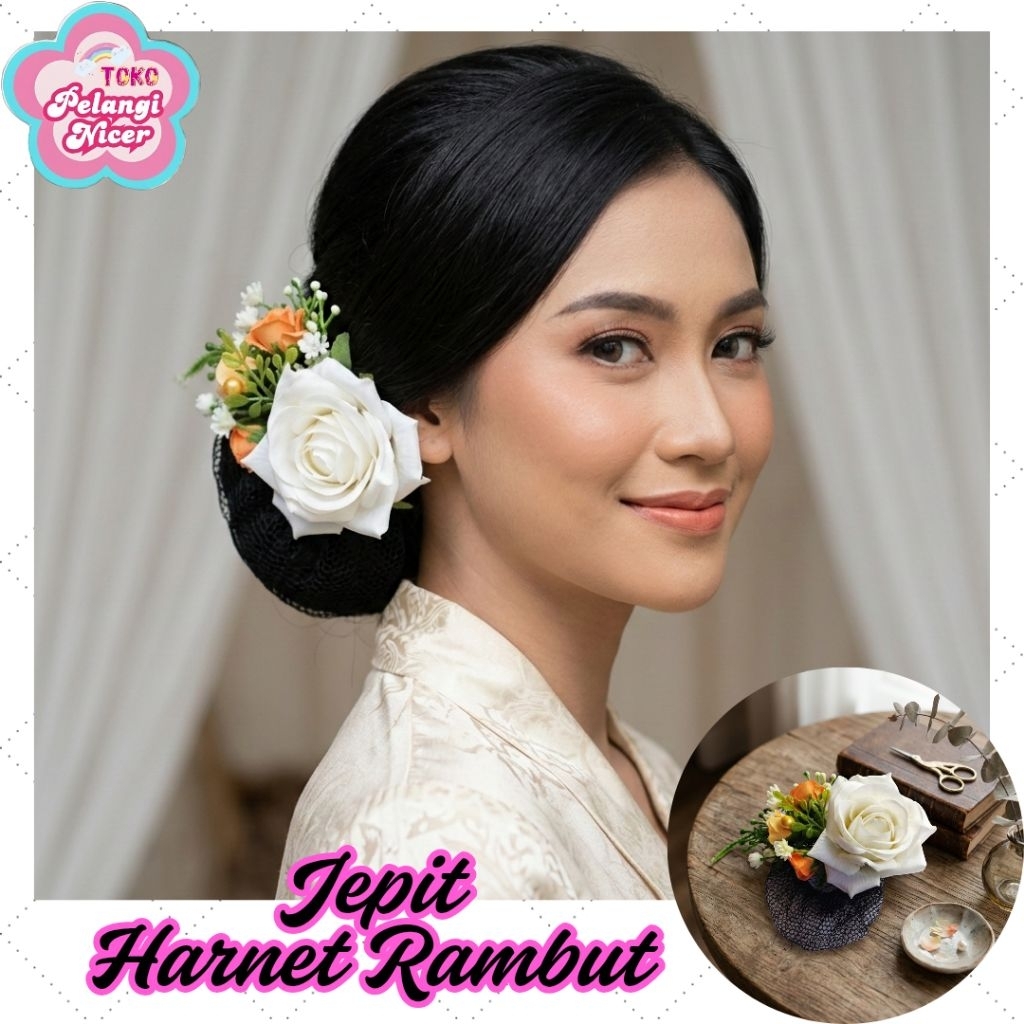 Jepit Harnet Rambut Mawar Putih Cantik - Hairnet Cepol Bunga Klasik - Aksesoris Rambut Sanggul Moder
