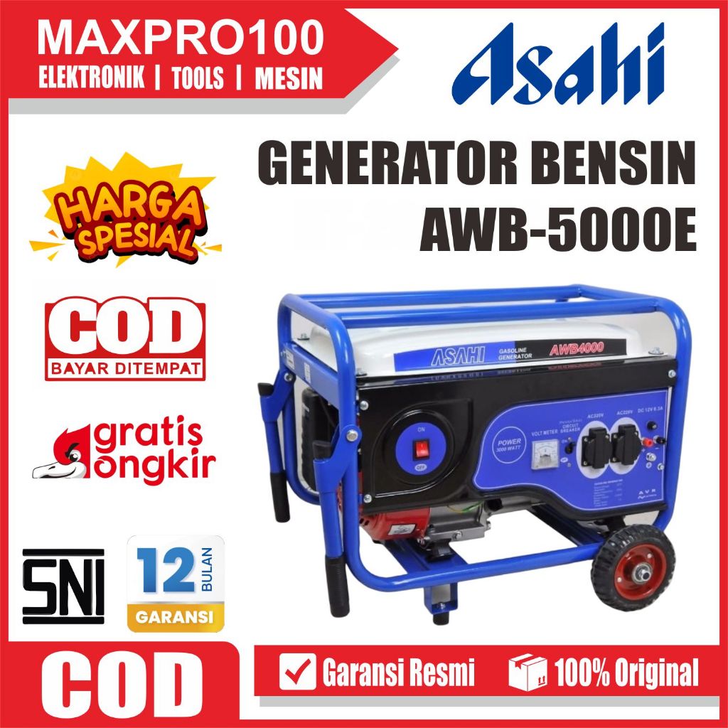 Genset 3000W ASAHI AWB5000 AMH5000 3300Watt AVR Bensin Rumahan Kantor Bengkel