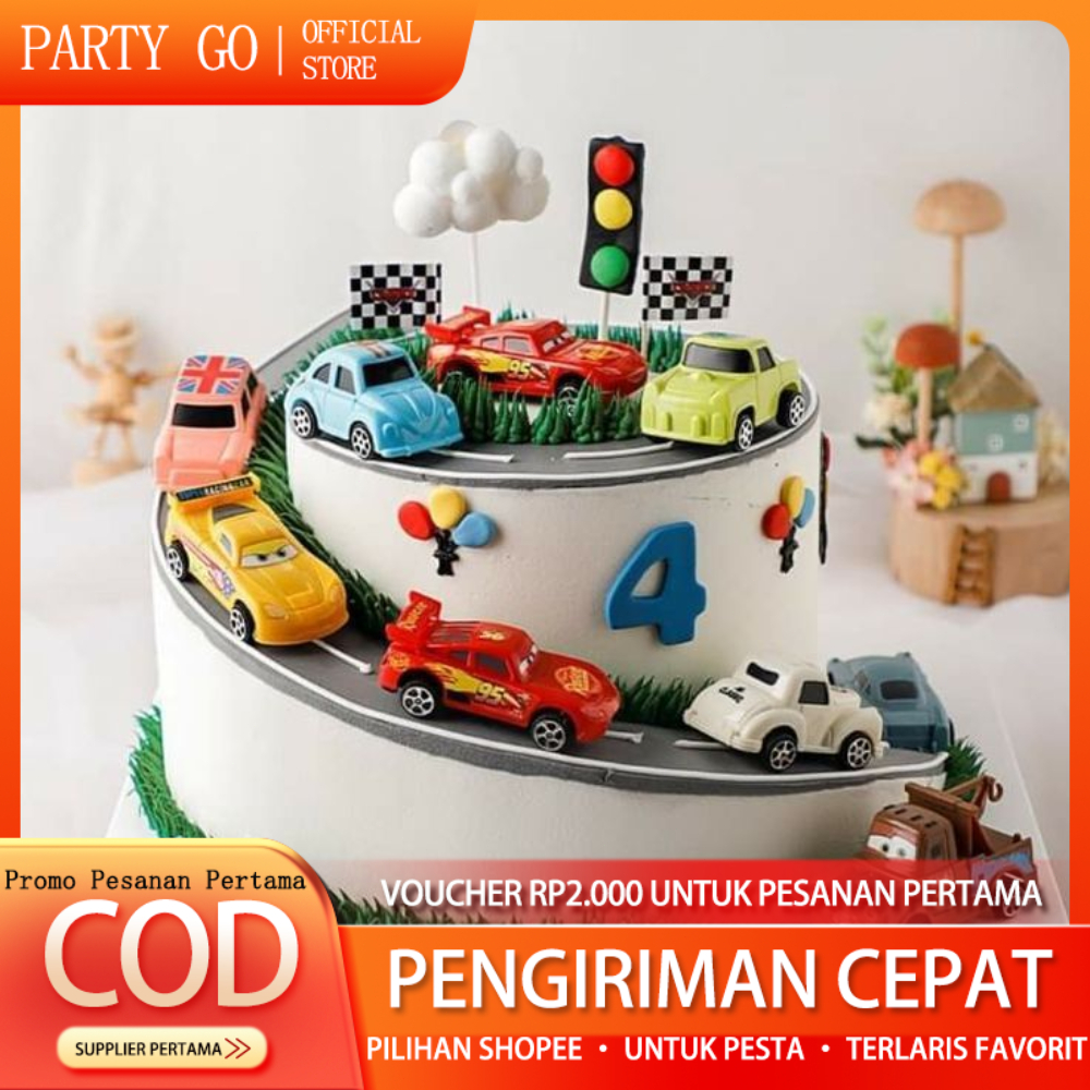 Set Cake Topper Miniatur Mainan Karakter Mobil Cars McQueen Untuk Dekorasi Kue Ulang Tahun Anak Laki