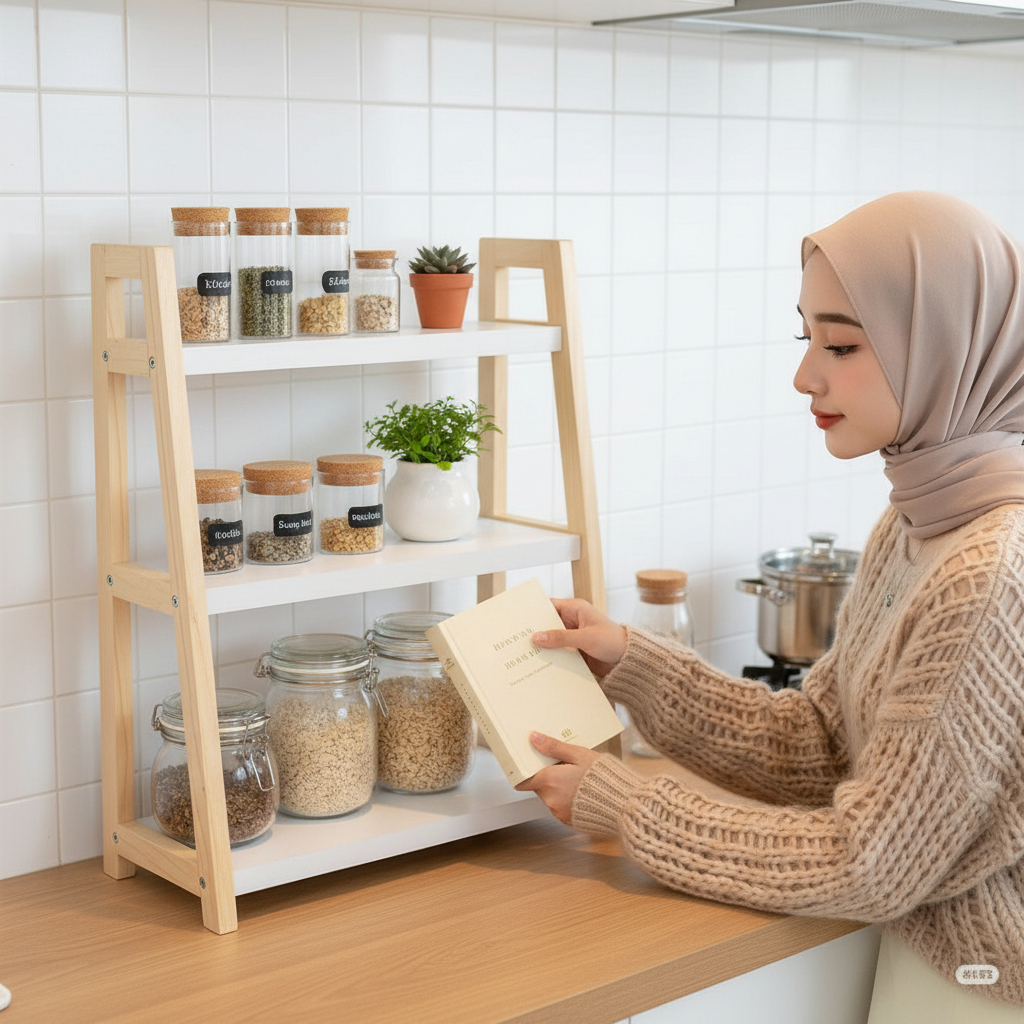 Rak Bumbu Susun Slim Minimalis - Rak Meja Dapur Kayu 3 Tingkat Space Saving