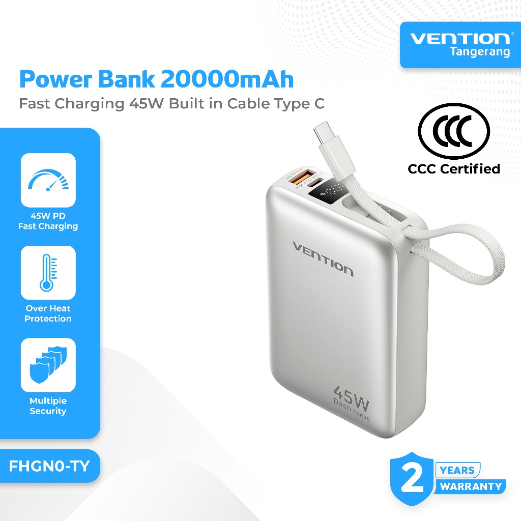 Vention Power Bank 20000mAh CCC Fast Charging 45W Type C USB A With Built in Cable Type C PowerBank 