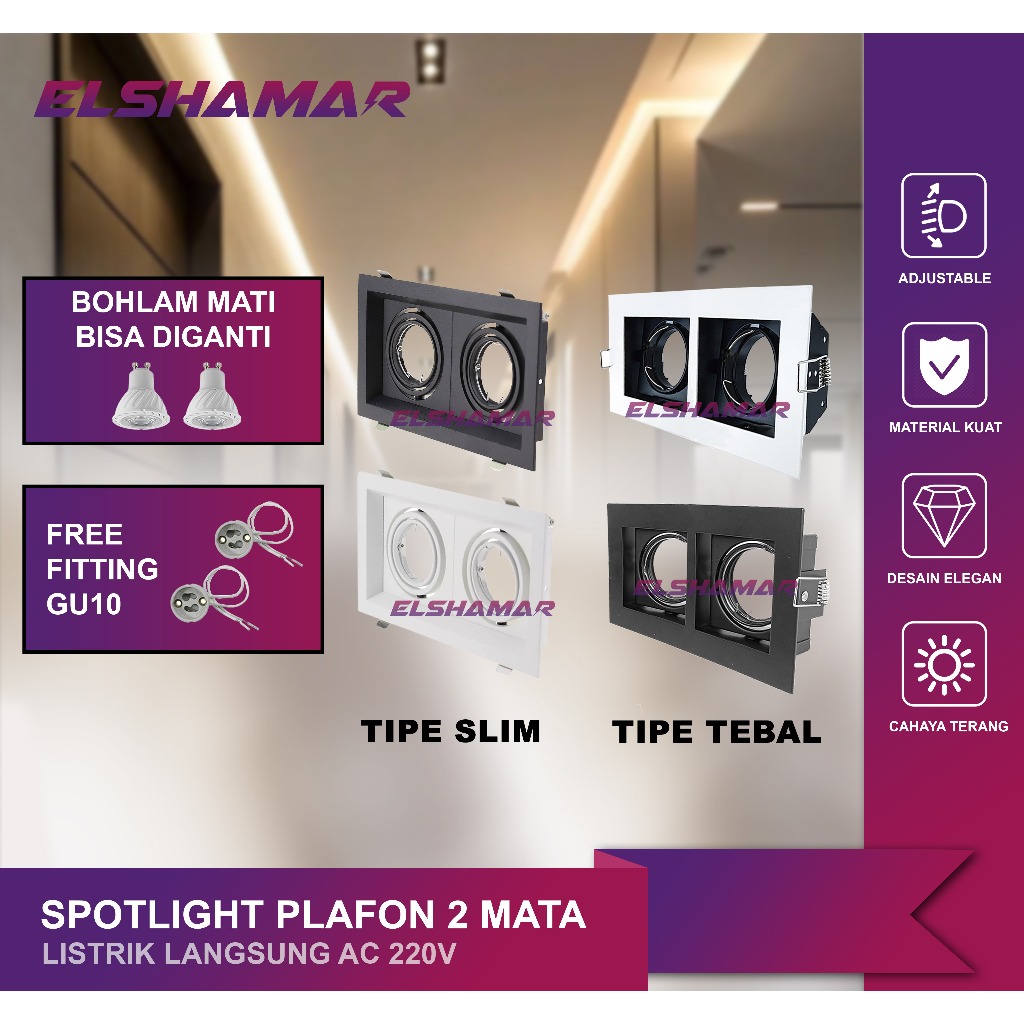 Kap Lampu Downlight Halogen GU10 Spotlight Plafon 2 Lubang LED Spot GU10