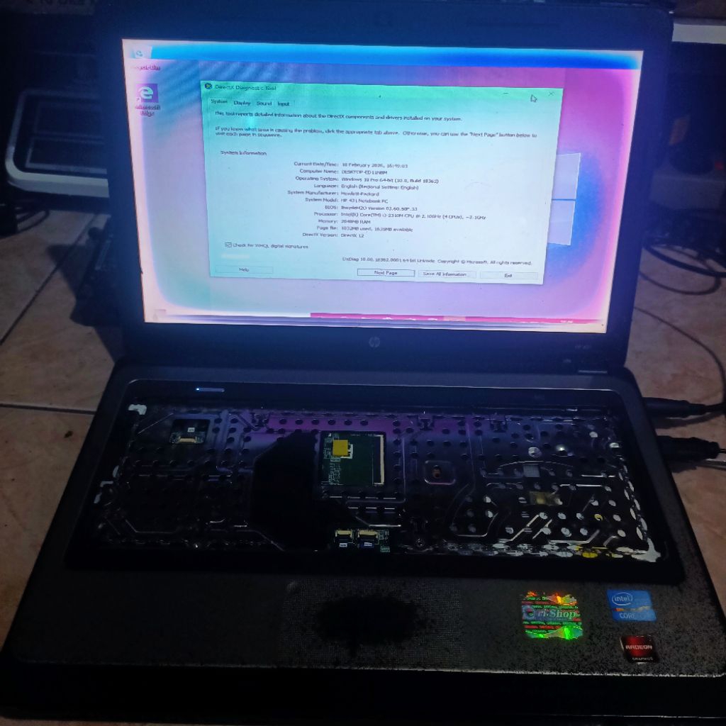 mobo/motherboard HP 431 cor i3 normal tested windows ok