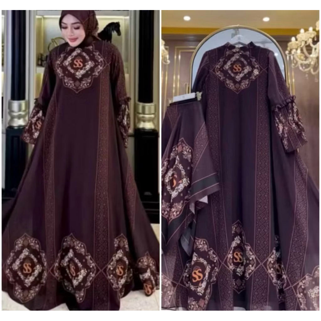 SHELLASAUKIA ORi SET HIJAB GAMIS MONOGRAM COKLAT SET HIJAB DRESS TERBARU SS Organza Viral Sutra Set 