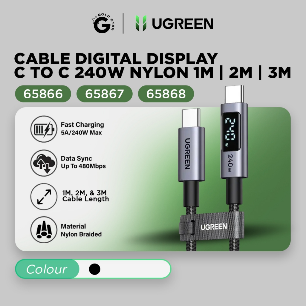 UGREEN Kabel Data PD Type C to Type C Digital Display Fast Charging 240W Max 5A Nylon Braided