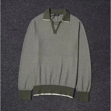 Zegna's high-end, popular wool winter men's stylish lapel knitted polo sweater with a dotted pattern