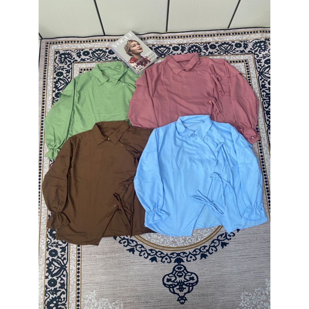 Kemeja Wanita Polos Tali - Pilihan Warna Hijau Muda, Merah Muda, Coklat, dan Biru Muda - Bahan Lembu