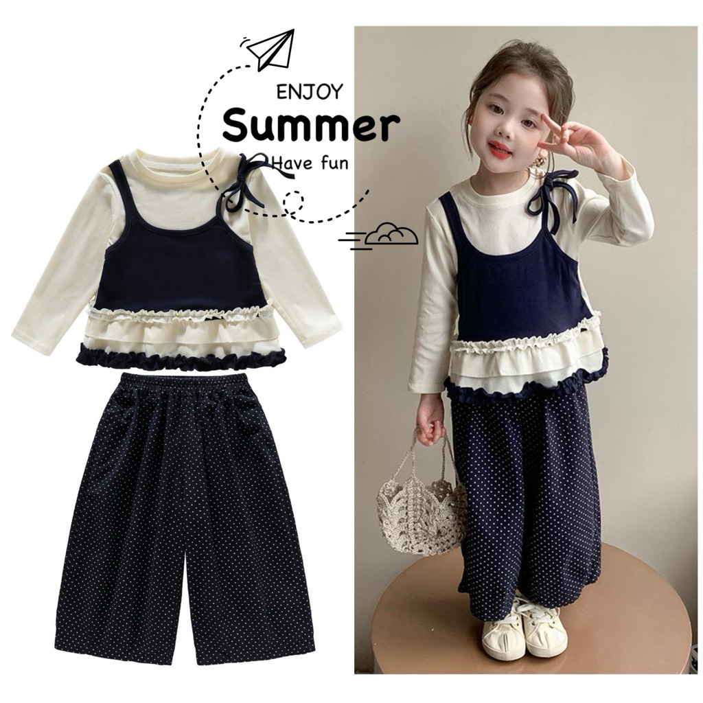 Setelan Anak Perempuan Blouse Rompi dan Celana Panjang Kulot Polkadot Margot