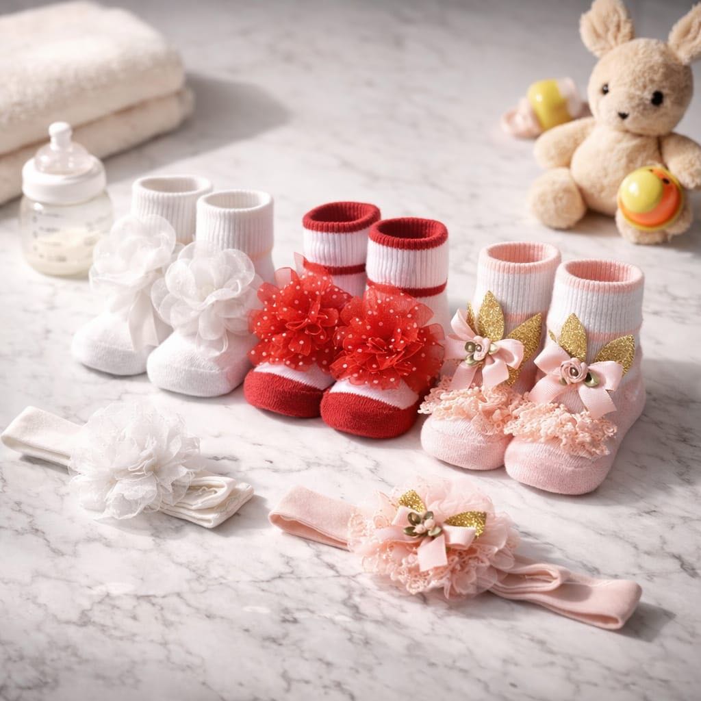 (Isi 3 Pasang) Kaos Kaki Anak Bayi Perempuan Kaus Kaki Balita Newborn + Bandana/Headband Merek Oreo