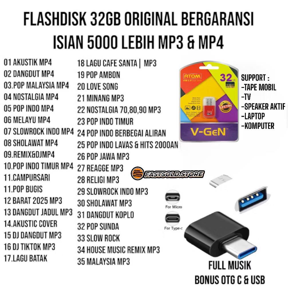 Flash Disk Musik Audio Video Mobil & Speaker Bonus OTG 16GB|32GB|64GB SUPPORT PC/LAPTOP/ANDROID