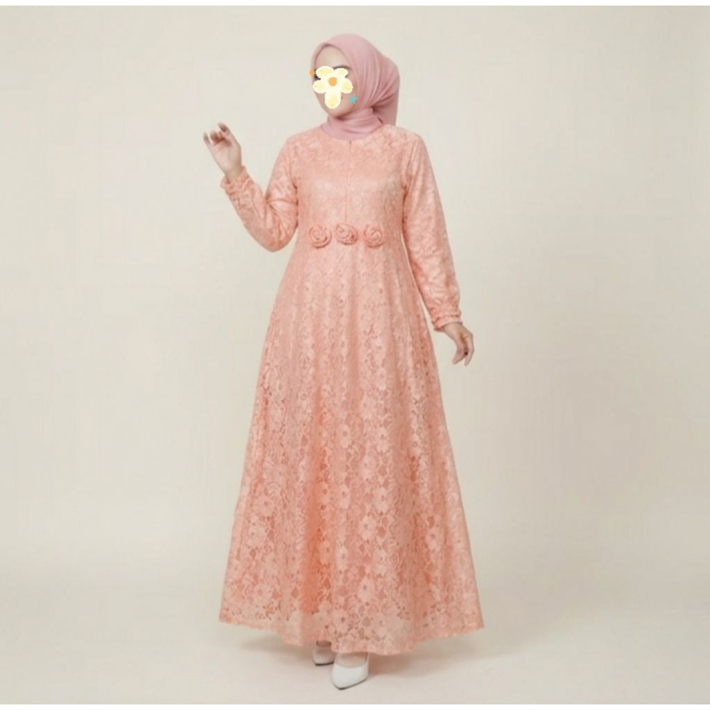 Abaya Brukat Wanita Pink Peach Gamis Muslimah Pakaian Muslim Daily Polos Dress Elegan Busana Hari Ra
