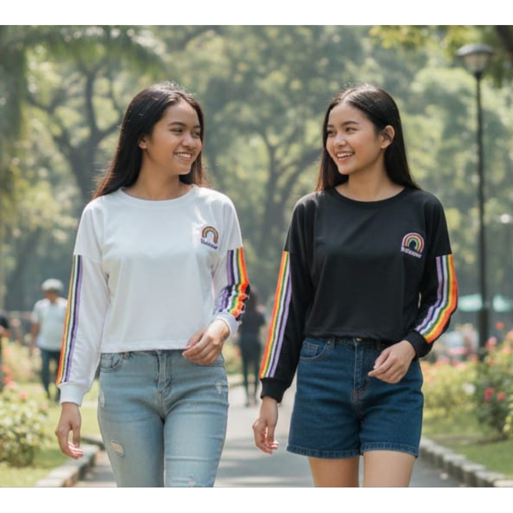 Sweater Atasan Kaos Wanita Lengan Panjang Rainbow Pelangi