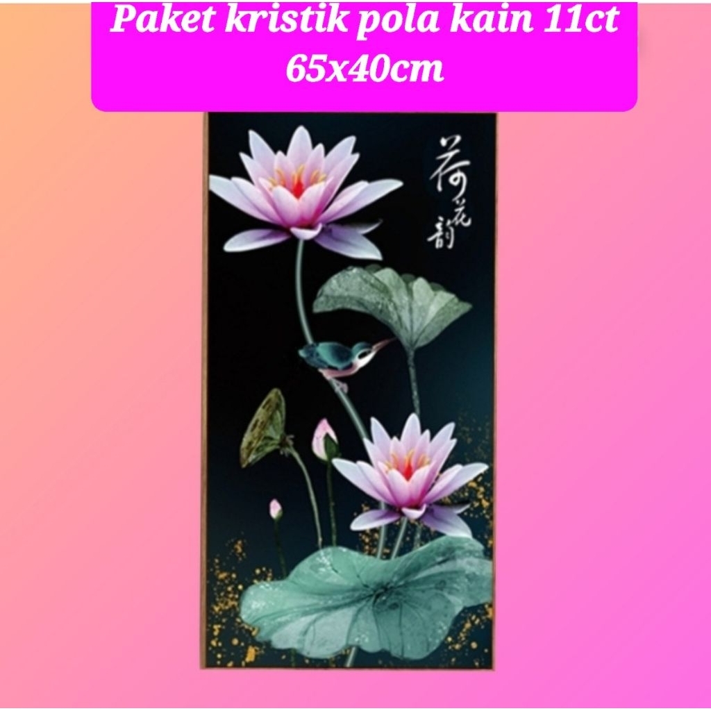 paket kristik bunga lotus teratai pola kain lotus oriental flower full cross stitch kit 11ct kerajin