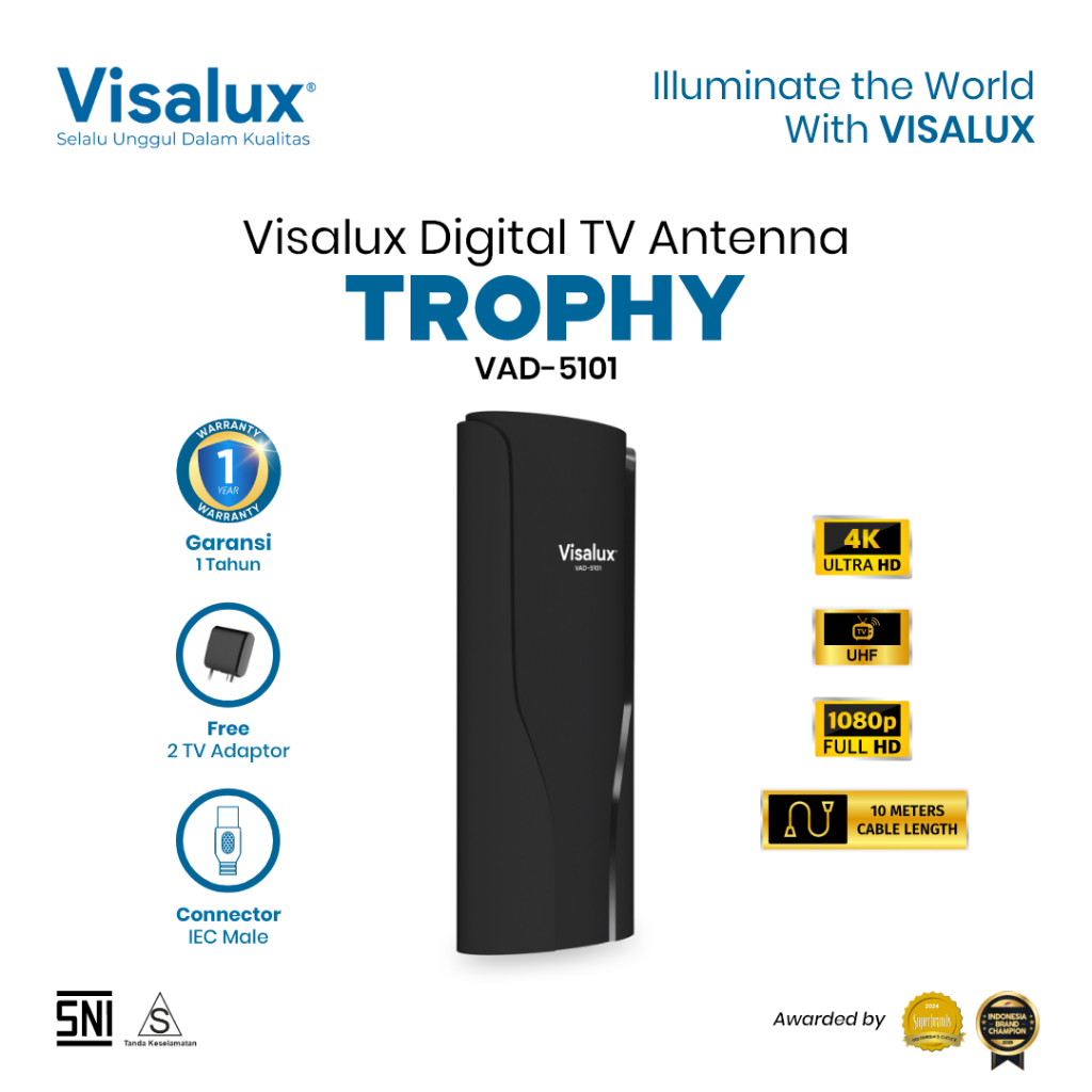 Visalux Trophy Digital TV Antenna Indoor - Antena Digital Dalam Ruangan dengan Kabel 10 meter (VAD51