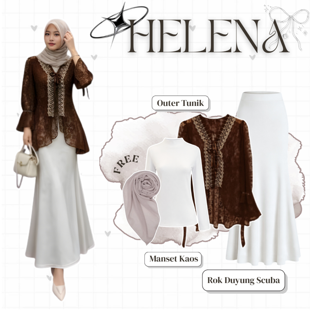 HELENA One Set 3In1 Outfit Lebaran Brokat Tunik ( Bella Square + Outer Tunik + Rok Duyung )  -  CO78