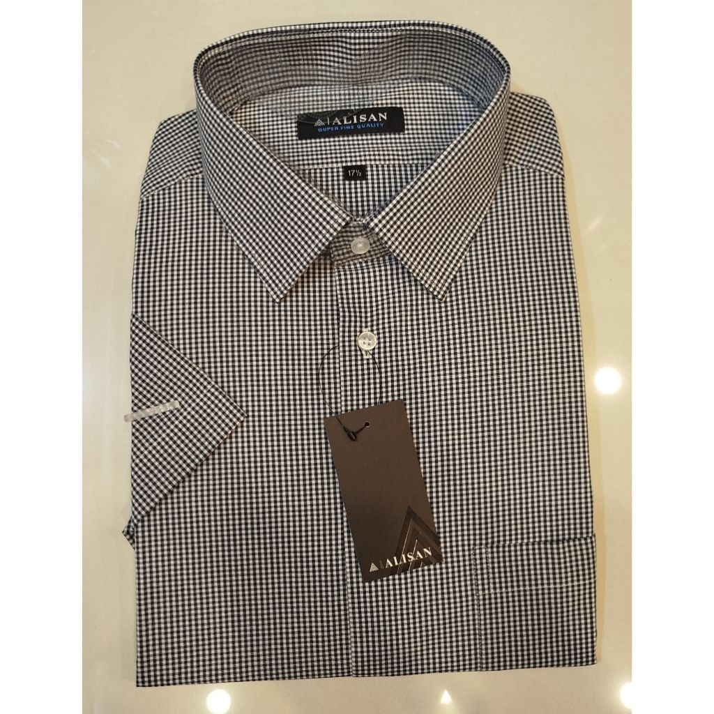 Kemeja Alisan Motif Salur Kotak Kotak Kecil Lengan Pendek Size Besar 16.5-17.5 Reguler