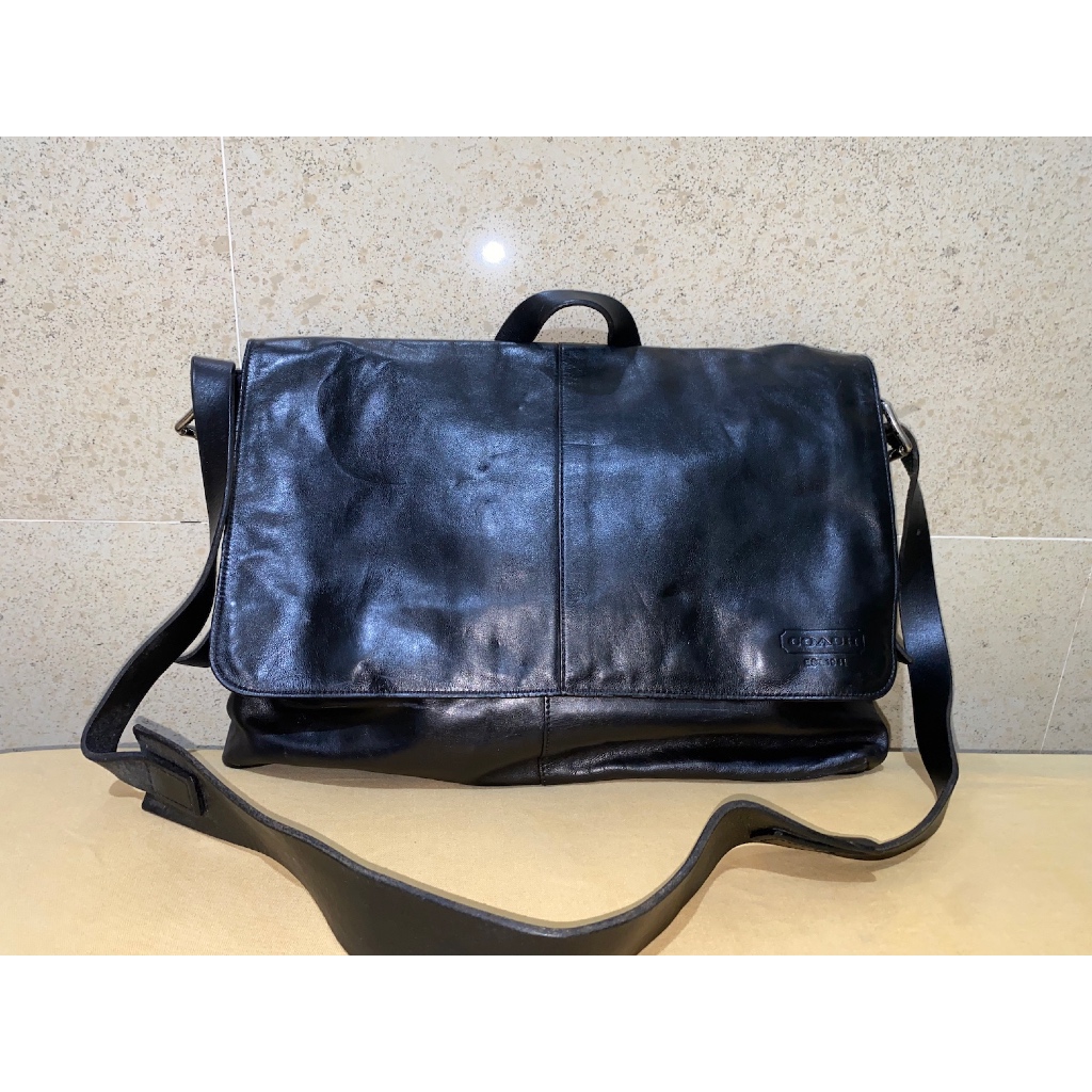 tas sling bag slempang top handle pria cowo brand Coach hitam black full kulit leather LIKE NEW