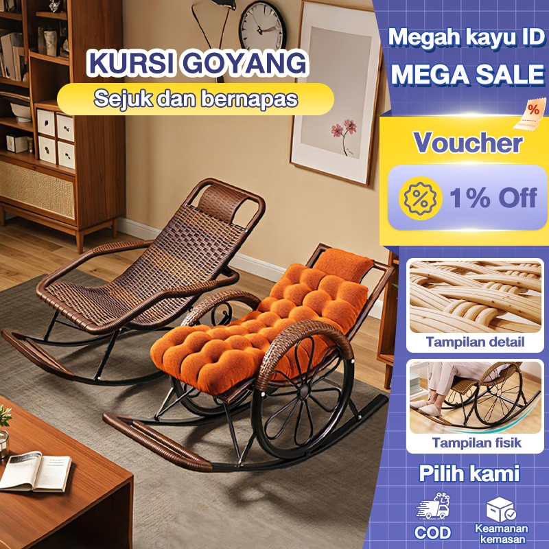 Kursi Goyang Rotan Empuk Santai Ukuran 115x63x56cm Cokelat Kuat Tahan Lama Kursi Santai Sofa Malas B