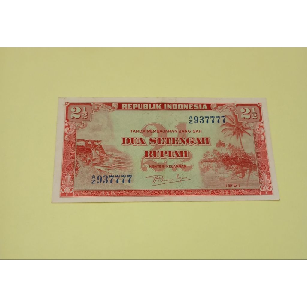 GENAP GENAP No seri AZ 937777 Uang kertas kuno Indonesia Asli 2½ Rupiah Pemandangan alam tahun 1951,