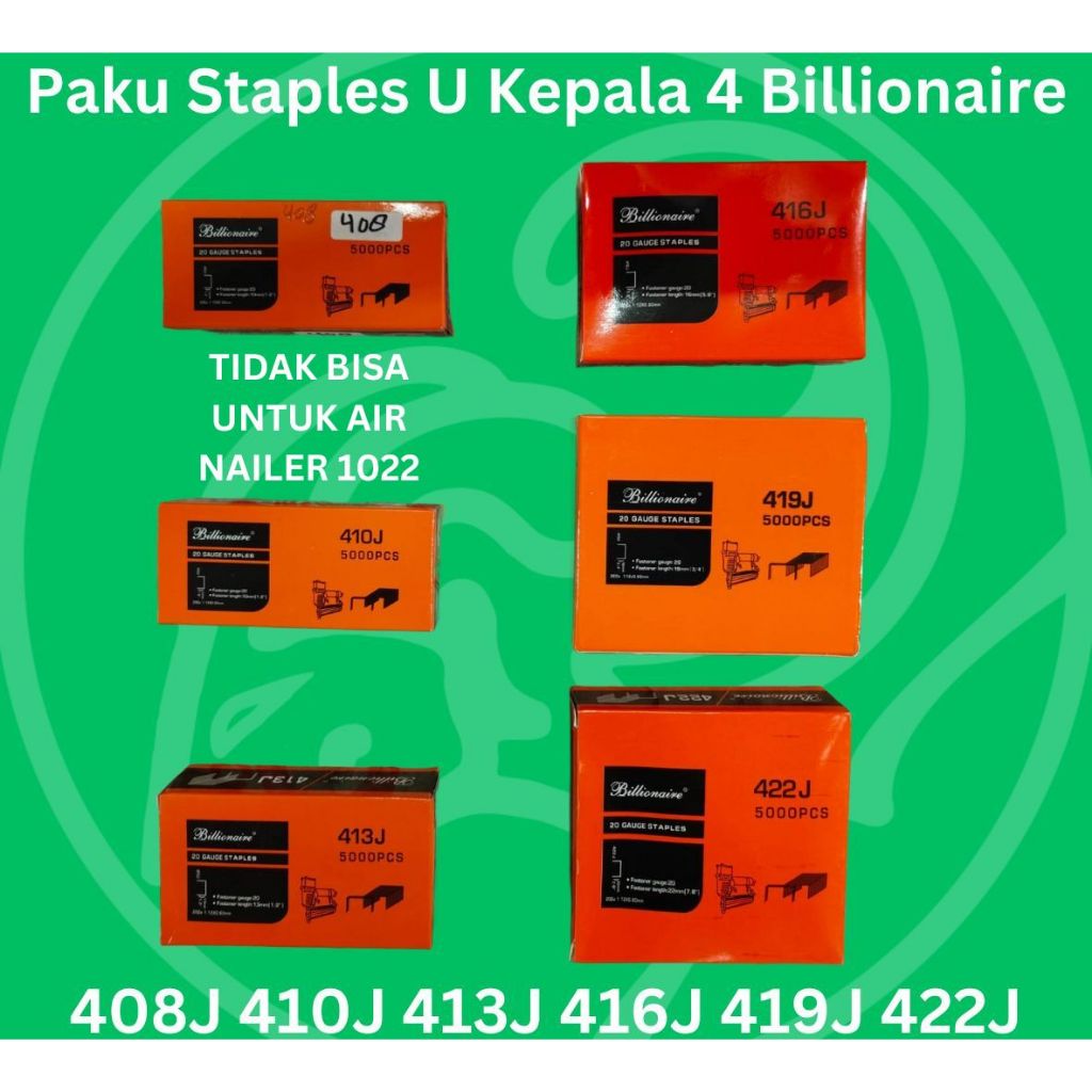 BILLIONAIRE Isi paku Staples U 408J 410J 413J 416J 419J 422J Isi Paku Tembak Air Nailer 422J