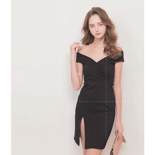 BLACK DRESS SABRINA NECK PARTY ELEGANT GAUN HITAM POLOS WANITA ELEGAN BASIC MINI BELAHAN PAHA PAKAIA