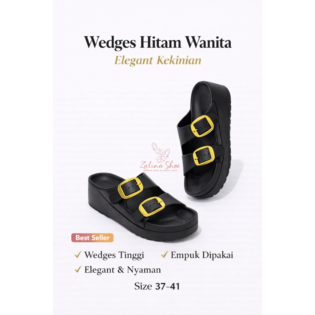 Wedges Slip on Wanita Hitam Elegant Kekinian Tinggi 5 cm