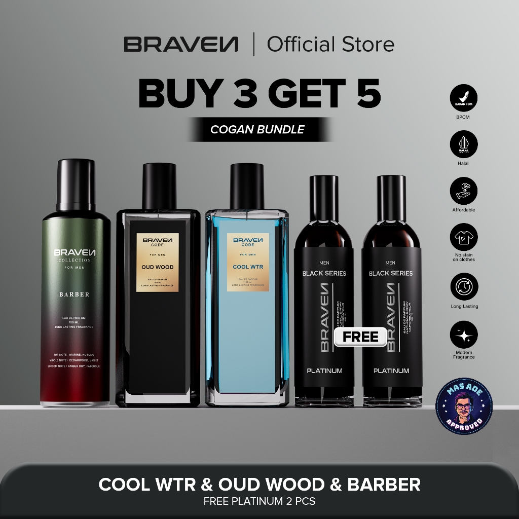 [COGAN] Cowok Ganteng Bundle | Braven Eau De Parfum 100ML - Beli 3 Dapat 5 - Cool WTR - Barber - Oud