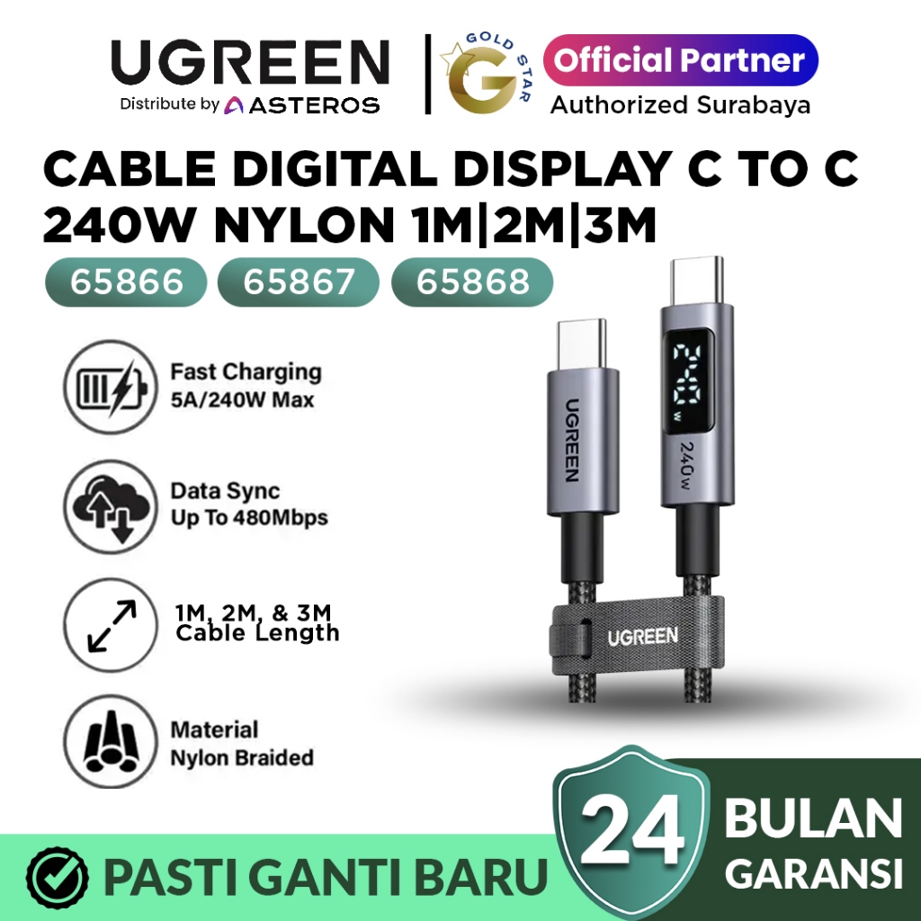 UGREEN Kabel Data PD Type C to Type C Digital Display Fast Charging 240W Max 5A Nylon Braided