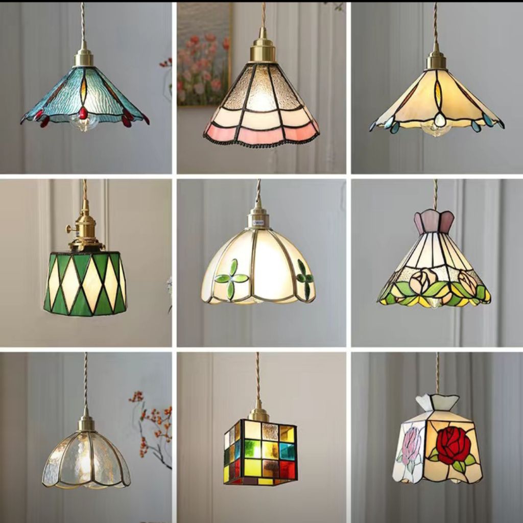 Lampu patri buatan tangan, lampu gantung kaca patri retro, lampu samping tempat tidur, lampu meja ba